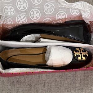 Tory Burch Glossy Black Flats with Gold Logo